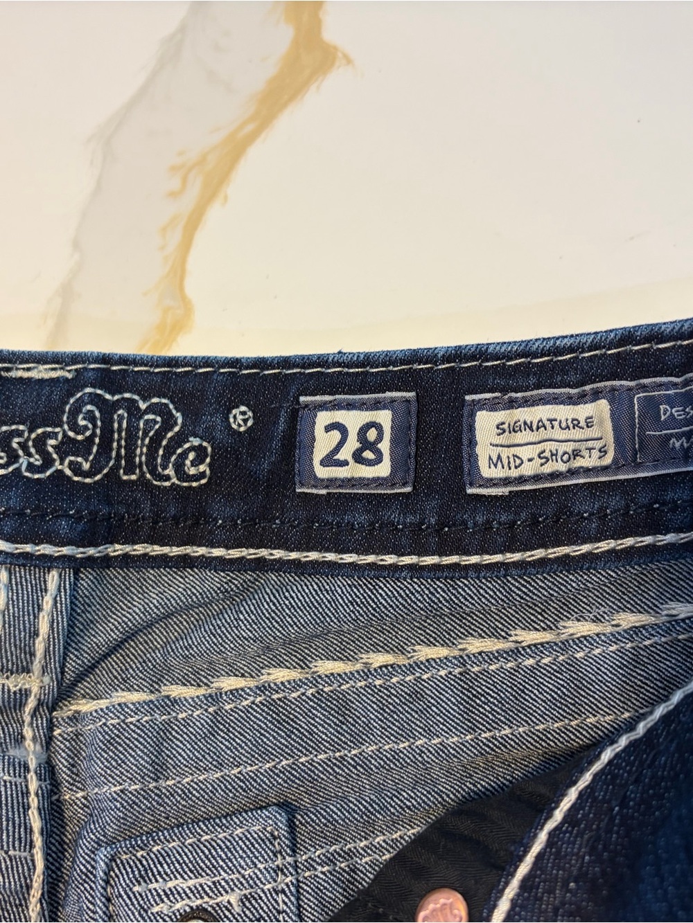 Miss Me Dark Blue Denim Bermuda Shorts with White Contrast Stitching - Picture 3 of 9